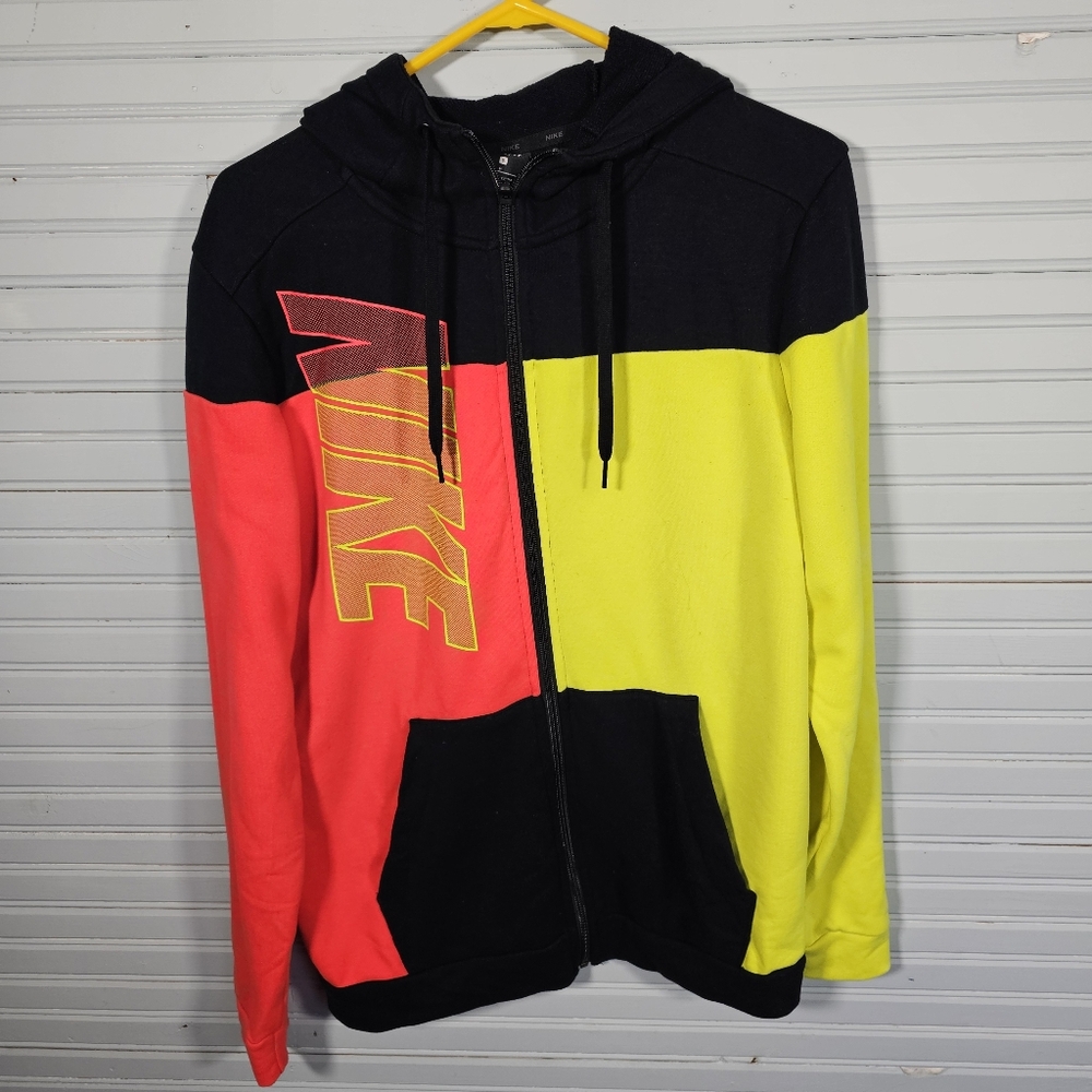 Nike Dri-Fit Neon Orange Yellow Colorblock Zipper Logo Hoodie Men's Size S
